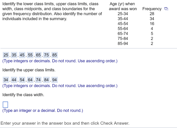 Class limits identify lower upper midpoints width solved individuals summary included number distribution frequency boundaries given also transcribed problem text